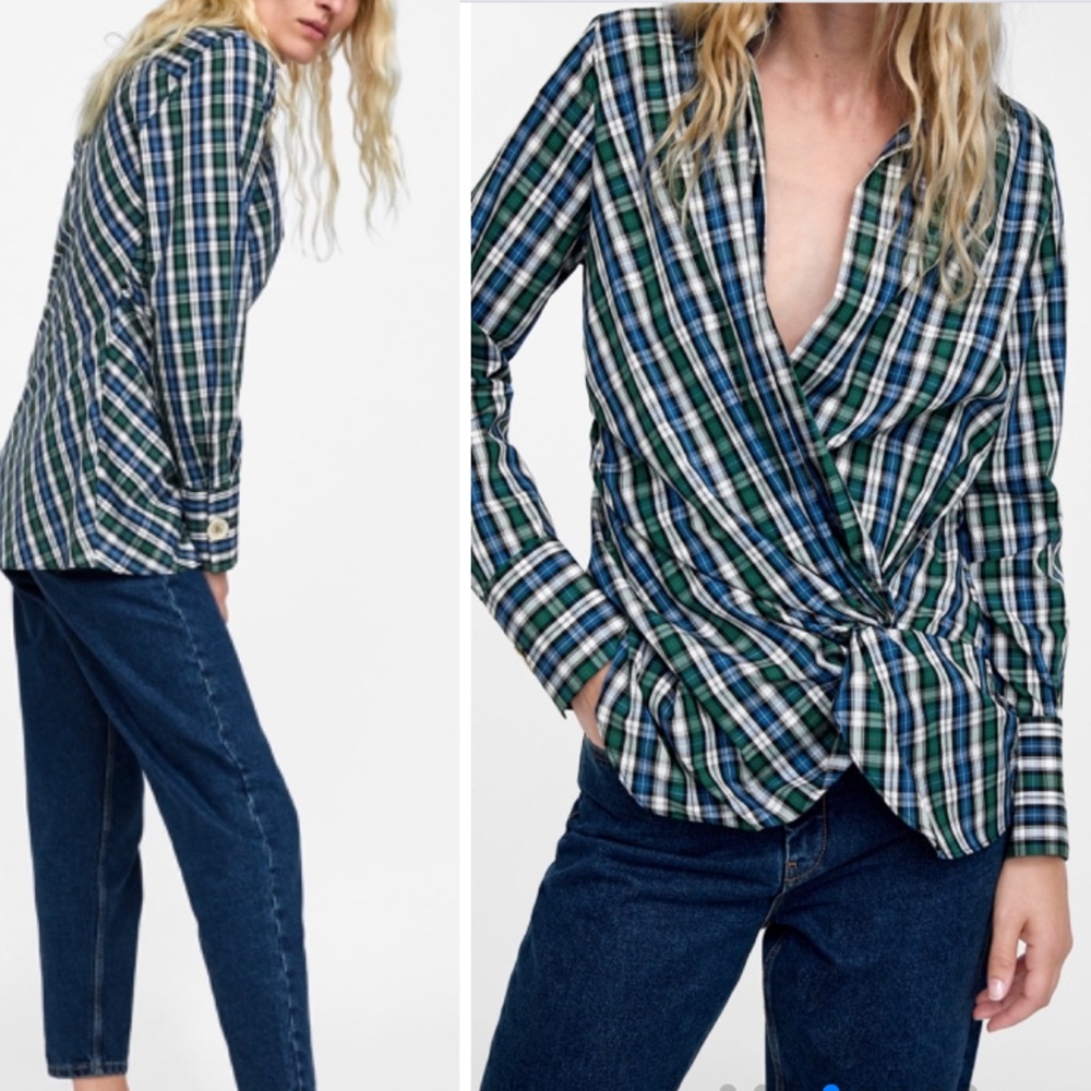 Zara Green Plaid Check Long Sleeve Wrap Shirt Tunic Top Size XS
